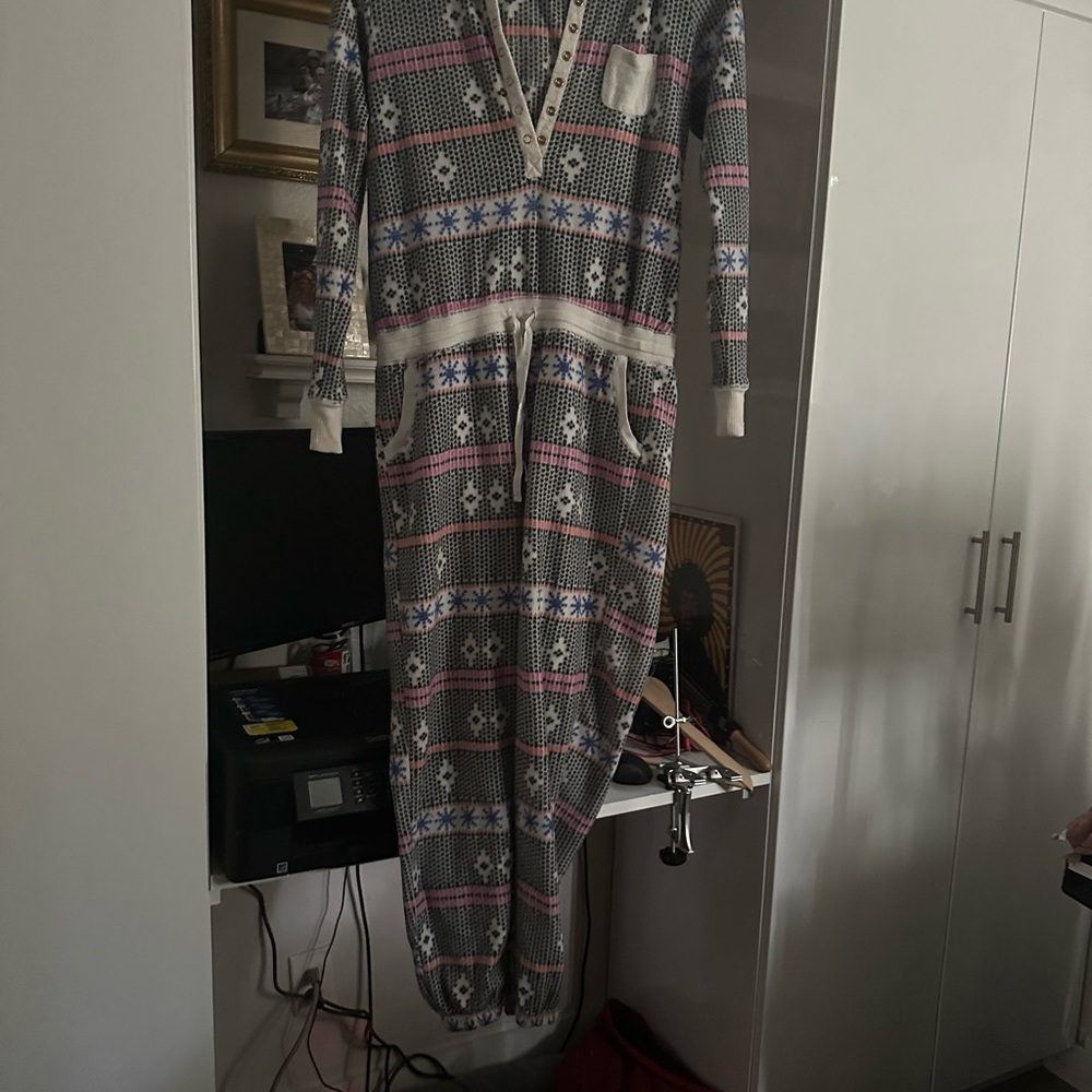 Cozy Gray and Pink Patterned Onesie with hoodie